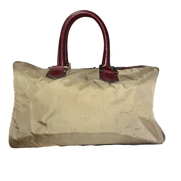 Rare Vintage Christian Dior 1980s Khaki Red Straps Boston Bowling Bag